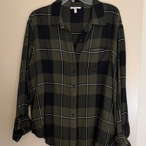 Olive Green and Black Plaid Button-Up Shirt. Small